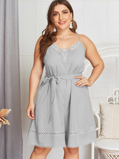 Wholesale V-Neck Plain Lace Spaghetti Strap Self-Tie Sleeveless Grey Plus Size Dress
