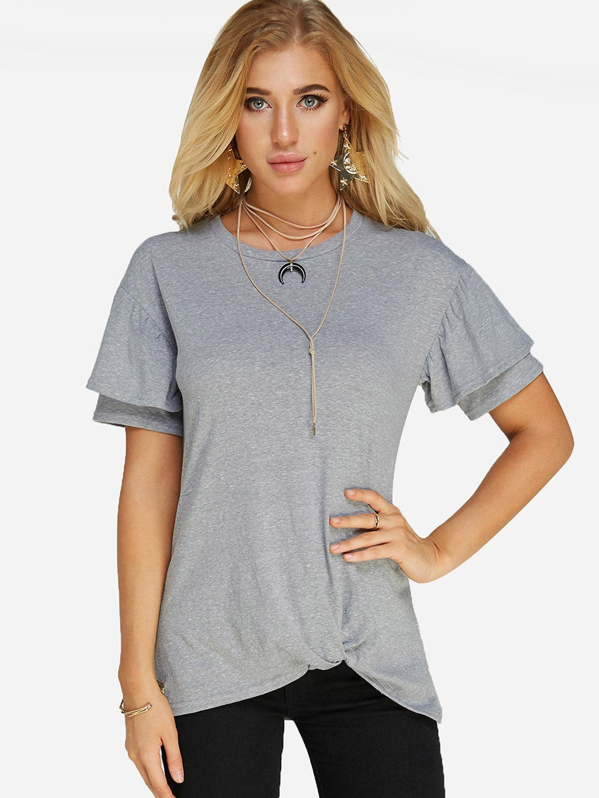 Wholesale Round Neck Plain Crossed Front Short Sleeve Grey T-Shirts