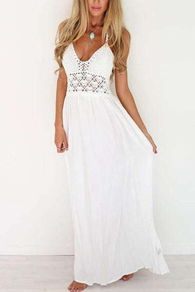 Wholesale White Halter Sleeveless Plain Backless Lace-Up Spaghetti Strap Beach Dress