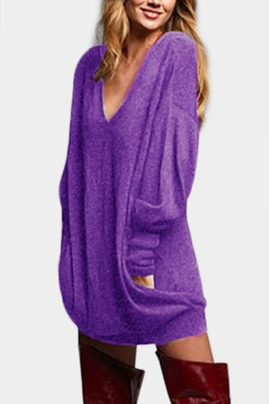 Wholesale Purple V-Neck Long Sleeve Shirt Dress