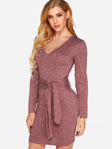 Wholesale V-Neck Long Sleeve Self-Tie Dresses