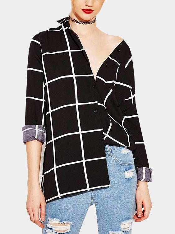 Wholesale V-Neck Grid Long Sleeve Black Blouses