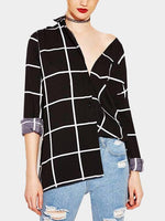 Wholesale V-Neck Grid Long Sleeve Black Blouses