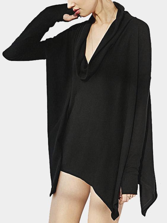 Wholesale Roll Neck Long Sleeve Irregular Hem Black Top