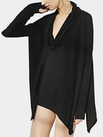 Wholesale Roll Neck Long Sleeve Irregular Hem Black Top