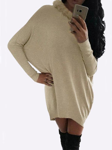 Wholesale Scoop Neck Plain Long Sleeve Bodycon Hem Khaki Mini Dress