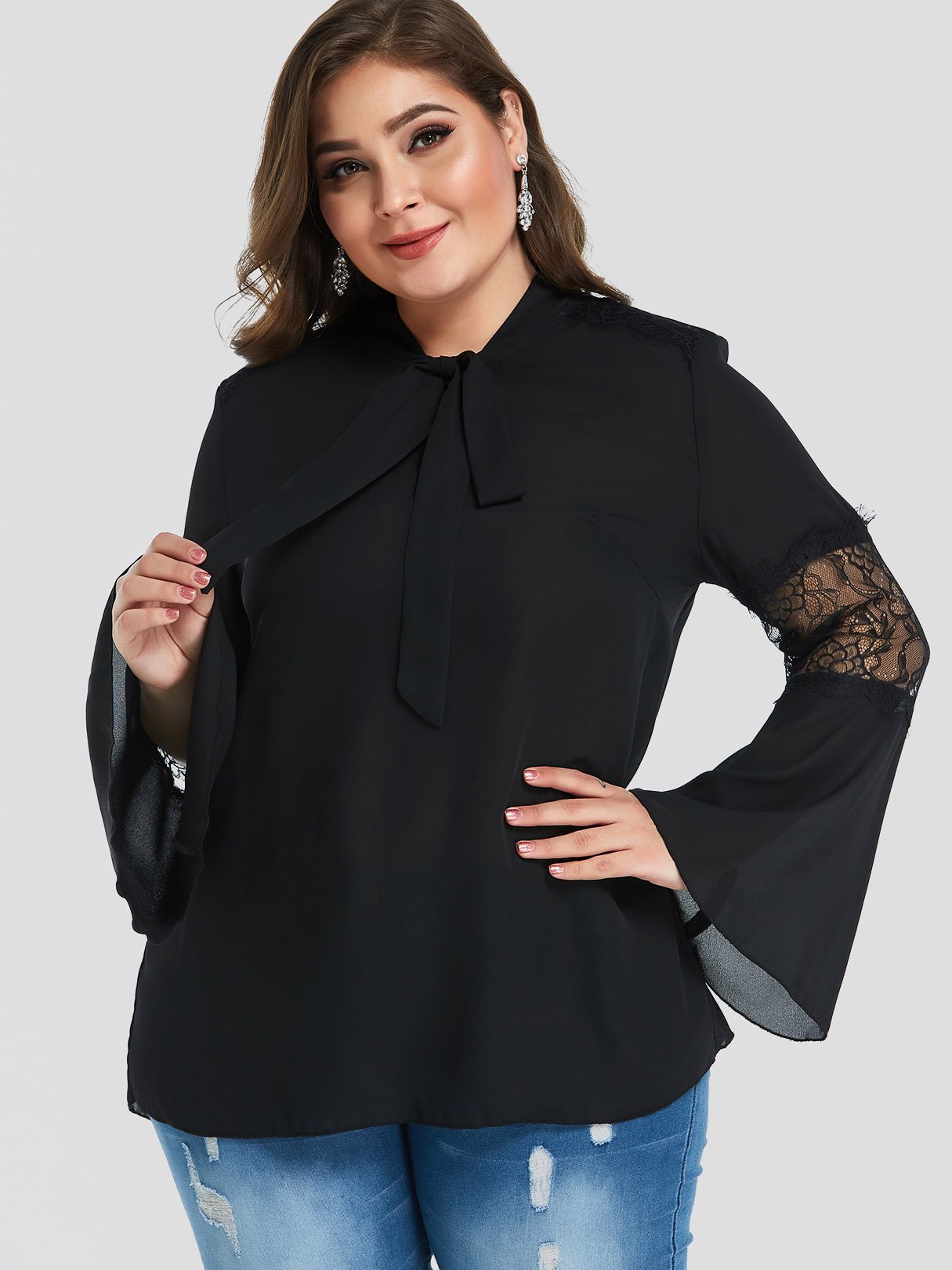Wholesale Lace Long Sleeve Black Plus Size Tops