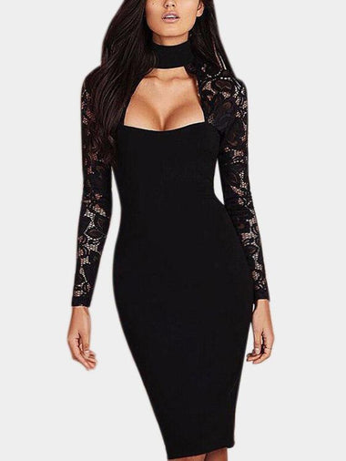 Wholesale Black Halter Long Sleeve Lace Zip Back Cut Out Bodycon Sexy Dresses