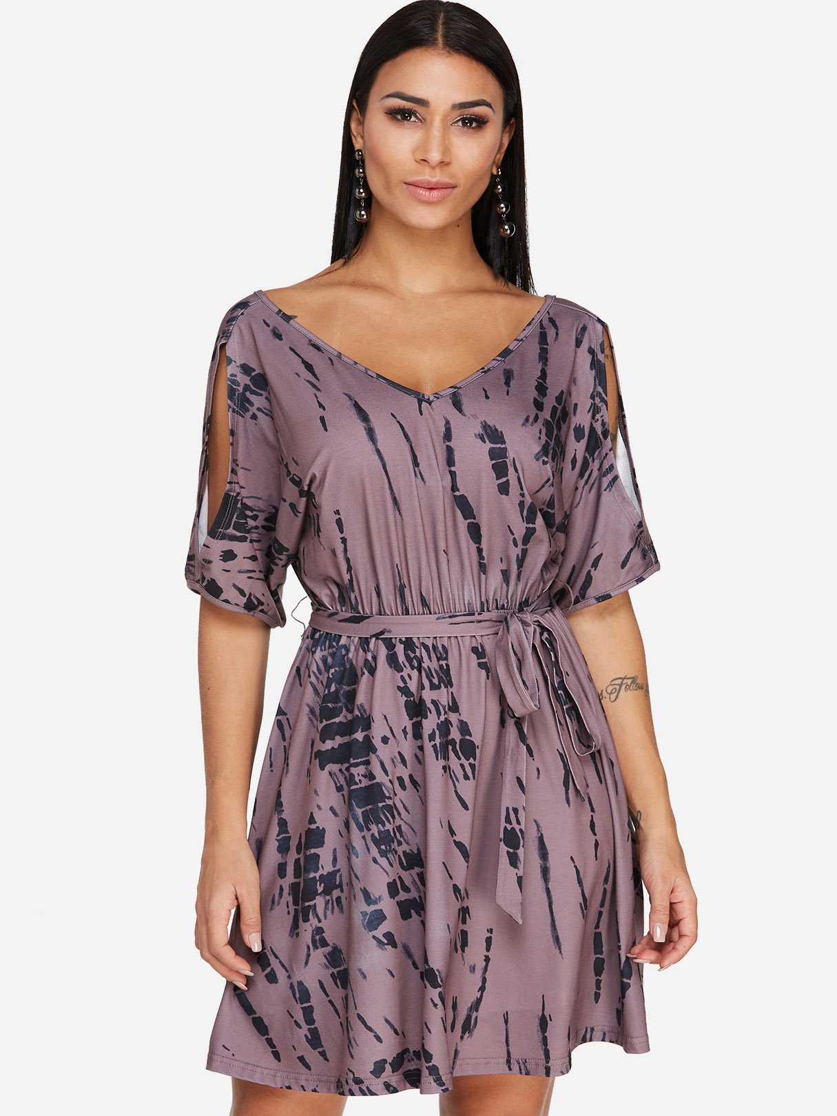 Wholesale Coffee V-Neck Short Sleeve Plain Cut Out Belt Dresses