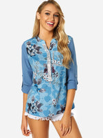 Wholesale V-Neck Floral Print Side Pockets Sequins Embellished 3/4 Sleeve T-Shirts
