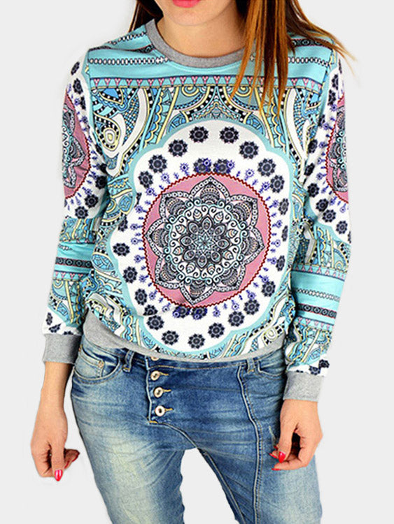 Wholesale Round Neck Geometrical Long Sleeve Blue Top