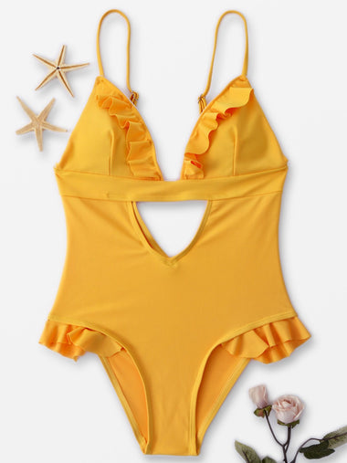 Wholesale Yellow Sleeveless Plain Backless Cut Out One-Pieces