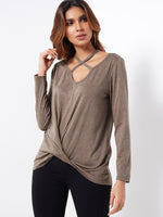 Wholesale Plain Cut Out Long Sleeve Coffee T-Shirts