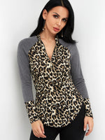 Wholesale Round Neck Leopard Zip Back Long Sleeve Curved Hem T-Shirts