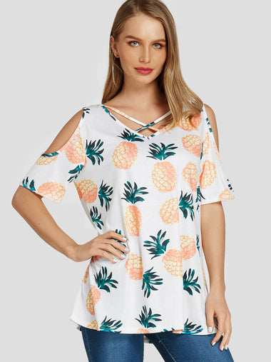 Wholesale Cold Shoulder Printed Short Sleeve White T-Shirts