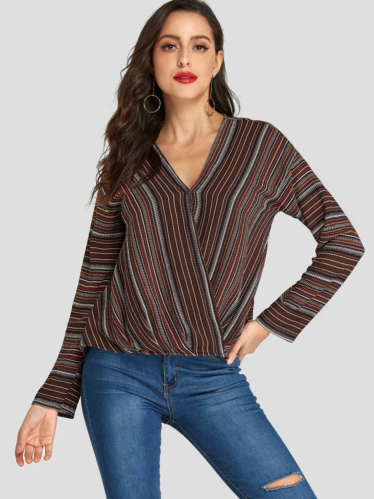 Wholesale V-Neck Stripe Crossed Front Long Sleeve Curved Hem Brown Blouses