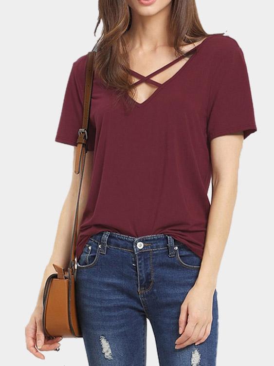 Wholesale Deep V Neck Plain Crossed Front Short Sleeve T-Shirts