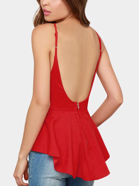 Wholesale Square Neck Plain Zip Back Backless Pleated Sleeveless Irregular Hem Red Camis