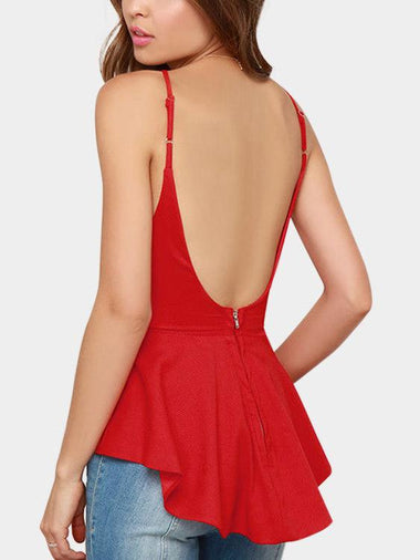 Wholesale Square Neck Plain Zip Back Backless Pleated Sleeveless Irregular Hem Red Camis