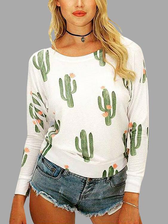 Wholesale Round Neck Printed Long Sleeve White Tops