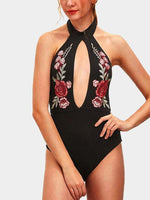 Wholesale Black Halter Sleeveless Embroidered Backless Cut Out One-Pieces