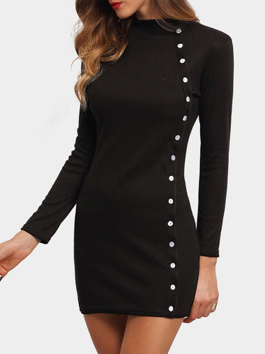 Wholesale Black Long Sleeve Button Embellished Sexy Dress