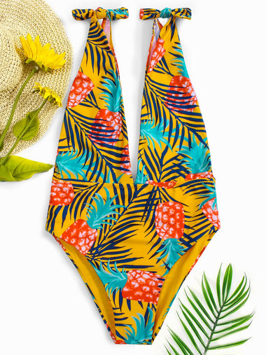 Wholesale Deep V Neck Sleeveless Printed One-Pieces