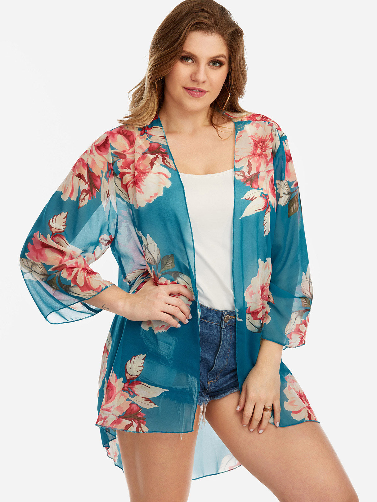 Wholesale Floral Print 3/4 Sleeve Blue Plus Size Tops