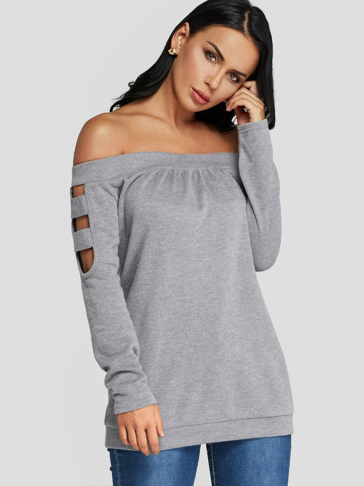 Wholesale Off The Shoulder Cut Out Long Sleeve Grey Top