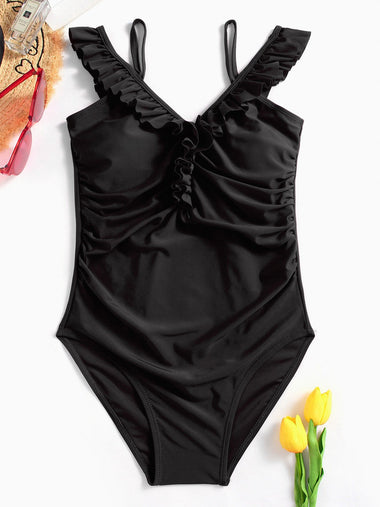 Wholesale V-Neck Off The Shoulder Plain Wireless Short Sleeve Ruffle Hem Black One-Pieces