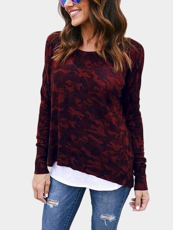 Wholesale Round Neck Camouflage Long Sleeve Red T-Shirts