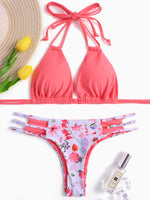 Wholesale Halter V-Neck Floral Print Cut Out Tie-Up Sleeveless Pink Bikinis