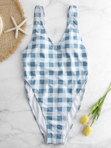 Wholesale Deep V Neck Sleeveless Grid Backless Self-Tie One-Pieces Swimsuits