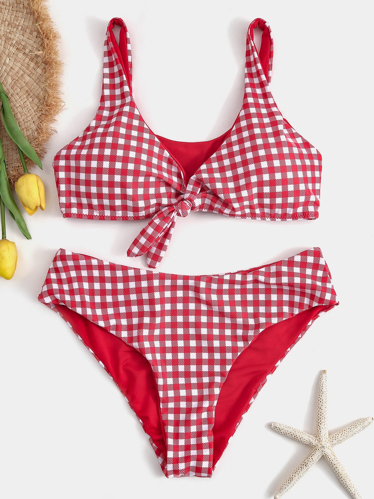 Wholesale Red V-Neck Sleeveless Grid High Waist Two Piece Bikinis