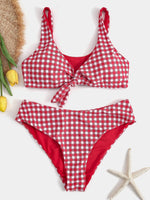 Wholesale Red V-Neck Sleeveless Grid High Waist Two Piece Bikinis