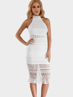 Wholesale White Halter Sleeveless Lace Slit Midi Dress
