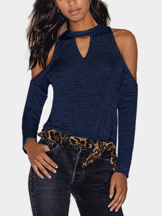 Wholesale Cold Shoulder Cut Out Long Sleeve Navy Top
