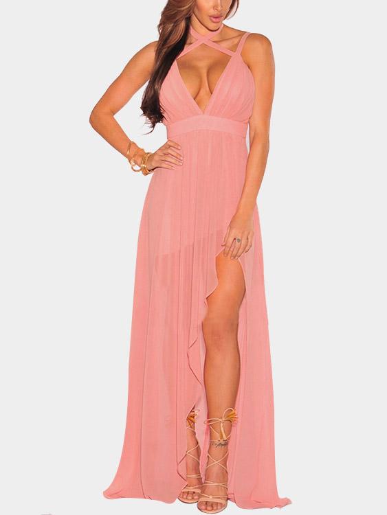 Wholesale Pink V-Neck Sleeveless Backless Irregular Hem Maxi Dress