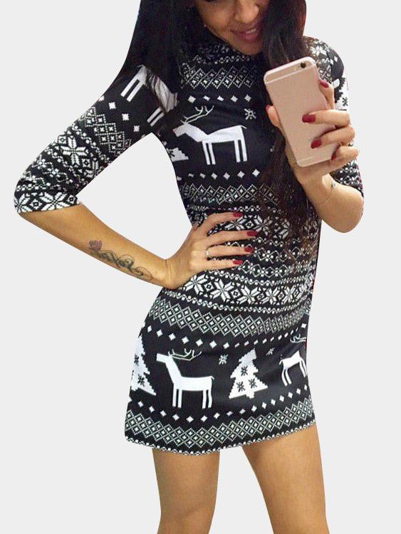 Wholesale Round Neck Printed 3/4 Sleeve Black Mini Dress