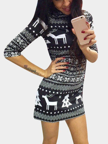 Wholesale Round Neck Printed 3/4 Sleeve Black Mini Dress