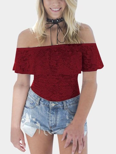 Wholesale Burgundy Off The Shoulder Short Sleeve Lace Backless Bodysuits