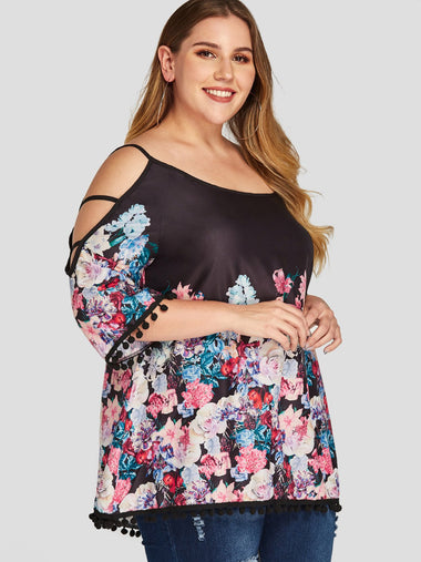 Wholesale Cold Shoulder Floral Print Cut Out Half Sleeve Plus Size Tops