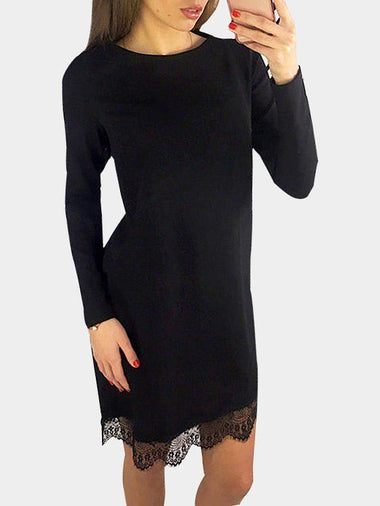 Wholesale Round Neck Lace Long Sleeve Irregular Hem Black Shirt Dresses
