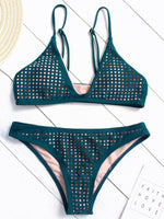 Wholesale Blue Scoop Neck Sleeveless Plain Cut Out Two Piece Bikinis