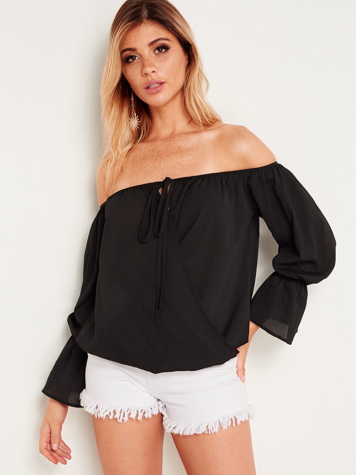 Wholesale Off The Shoulder Plain Crossed Front Self-Tie Long Sleeve Black Blouses
