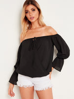 Wholesale Off The Shoulder Plain Crossed Front Self-Tie Long Sleeve Black Blouses