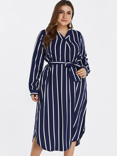 Wholesale V-Neck Stripe Self-Tie Long Sleeve Curved Hem Navy Plus Size Dress