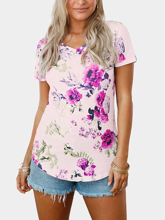 Wholesale V-Neck Floral Print Short Sleeve Curved Hem T-Shirts
