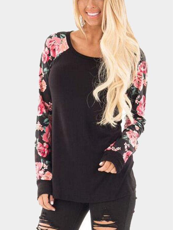 Wholesale Round Neck Floral Print Long Sleeve Black T-Shirts
