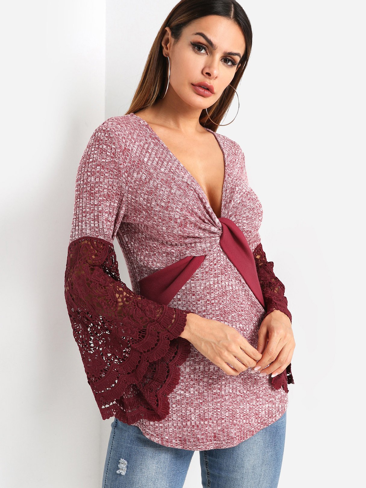 Wholesale Deep V Neck Lace Long Sleeve Top